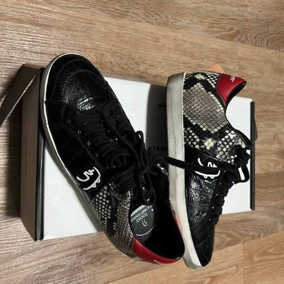 Primabase Sneakers Black Textured Leather Snake Print Red Heel - Picture 12 of 13